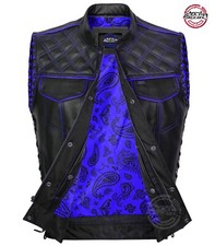 Men's Black Leather Diamond Vest Motorcycle Concealed Blue Paisley Side laces