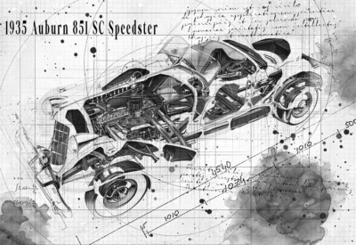 Line Tech Drawing 1935 Auburn 851 SC Speedster Cutaway Kunst Posterdruck