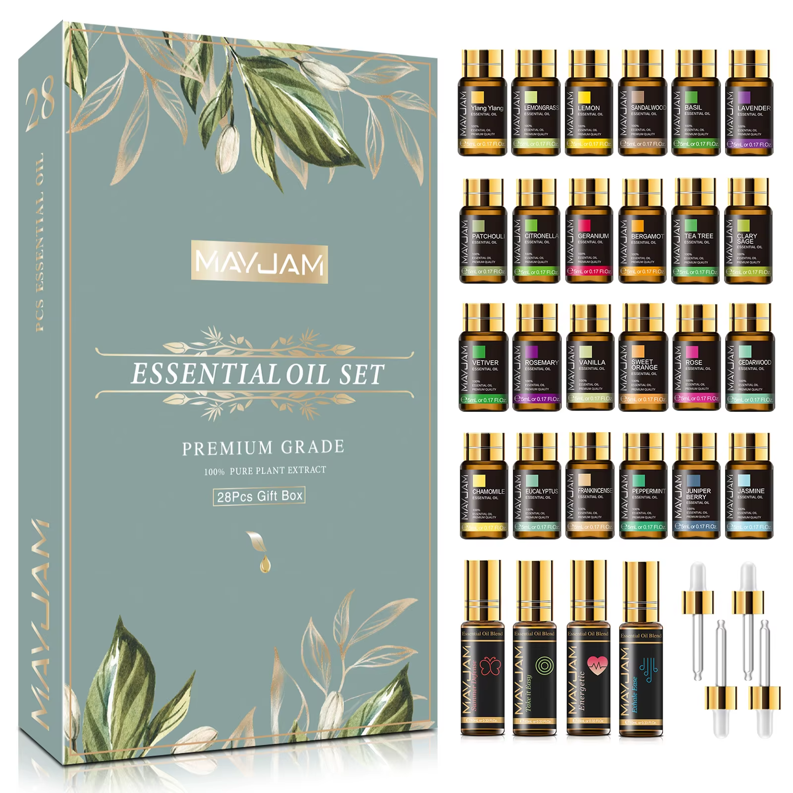 28Pcs Pure Natural Essential Oils Set for Massage, Shower & Diffuser with Lavender Aroma