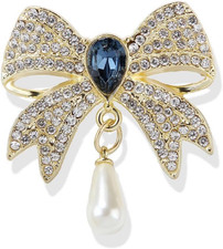 Rhinestone Bow Collar Brooch For Women Dainty Crystal bow Brooch Pin Vintage Blu