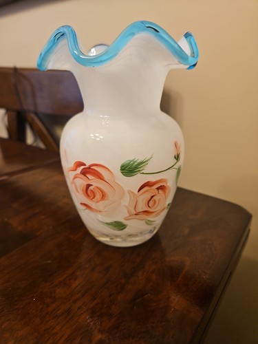 Fenton Art Glass Vase Vintage White Optic Swirl Blue Ruffled Rim Hand Painted - Picture 1 of 6