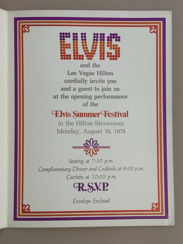 Elvis Rare Opening Night 1974 Las Vegas Hilton Invite / Direct From Memphis