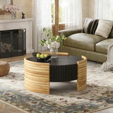 Round Coffee Table w/ Flip Top Storage Modern Colorblocked Wooden Side Table
