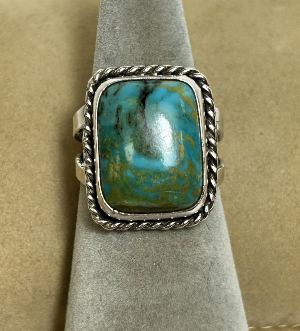 NATIVE SILVER TONE LARGE RECTANGULAR TURQUOISE RO… - image 1