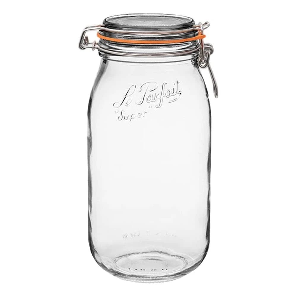 Super Jar - 2L French Glass Canning Jar w/Round Body, Airtight Rubber Seal & ...