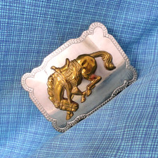 Cowboys Wild West Horse Belt Buckle Hand Polished Vtg 50s 60s Silver-Ray .GMP578