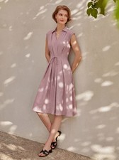 OGL Viscose-Linen Collared V-neck Midi Dress with Drawstring - Chose your favor