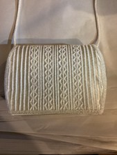 La Regale White Beaded Snap Lock Evening Purse Shoulder Bag Long String