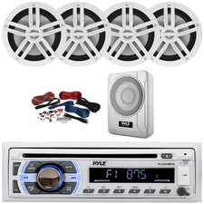 Pyle Marine Stereo AM/FM Receiver, 4x 6.5" 180W White Speakers, 8" 600W Sub