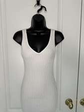 Enza Costa White V Neck Wide Rib Soft Cotton Spandex S Fitted Long Dress