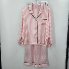 Victorias Secret Pink White Striped Satin Pajama Set Womens Medium 2 Piece PJ