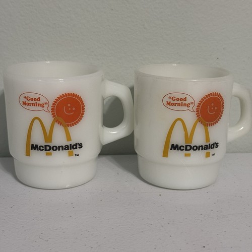 McDonald's Anchor Hocking Fire King Milk Glass "Good Morning" Mugs Pair