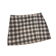 Old Navy Plaid Mini Skirt Brown Tan Cream Checkered Front Slit XL Schoolgirlcore