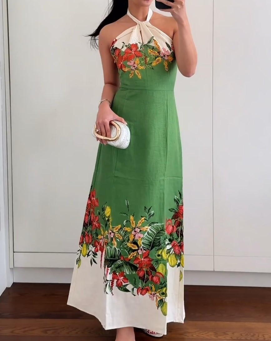 NWT H&M Linen-blend Halterneck Dress Green/flowers 1329753001 Sizes S, M, L  | eBay