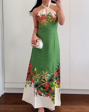 NWT H M Linen-blend Halterneck Dress Green/flowers 1329753001 Sizes S, M, L