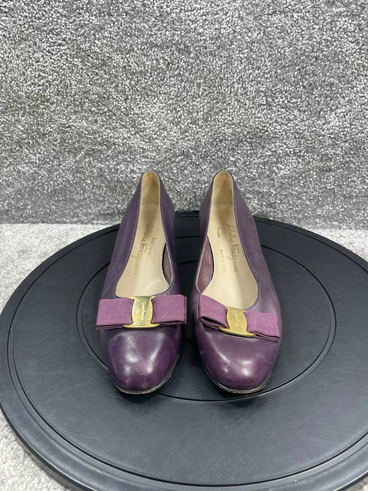 Salvatore Ferragamo каблуки женщин размер 8,5 B Vara бант насос фиолетовый кожаный блок - Изображение 4 из 4