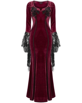 Punk Rave Daily Life Damen langes Gothic Samt Applikation Maxikleid rot schwarz