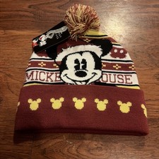 Disney Mickey Mouse Beanie Winter Hat Adult One Size Rust Yellow Pom Pom NWT