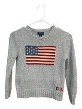 Polo Ralph Lauren Boys Gray Knit Flag Sweater Pullover Size 7 Long Sleeve