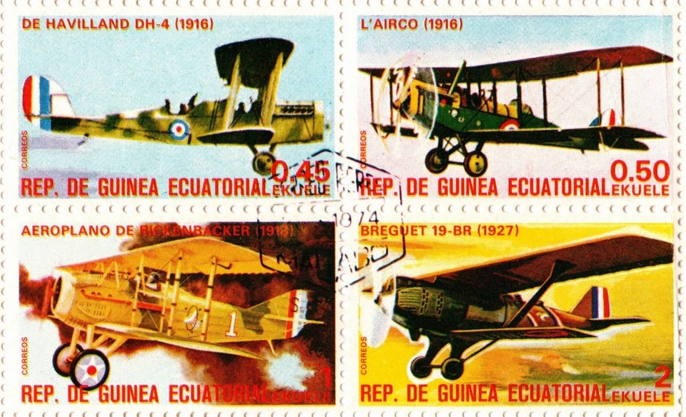 GUINEA ECUATORIAL 1974 AVIONES ANTIGUOS 16 SELLOS HOJA CTO Foto 4 de 4