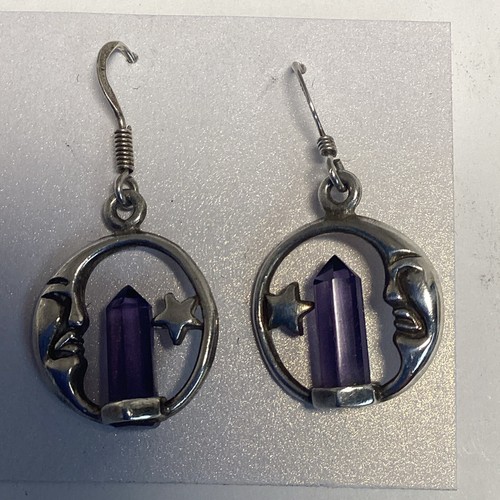 Sterling Silber Halbmond Mond Ohrringe Amethyst Kristall Punkte 1"