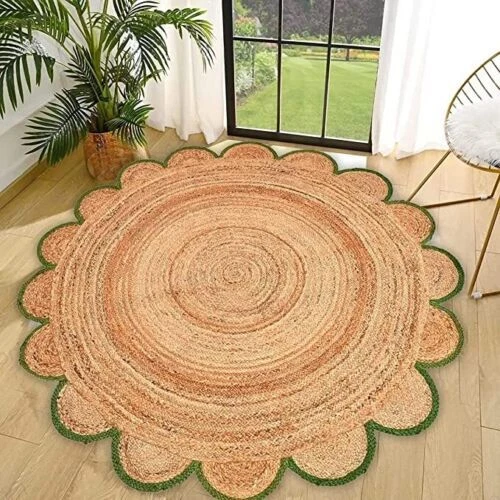 Rug Round Jute Scallop Design Natural Floors Rug Beige With Green Handmade - Image 2 of 4