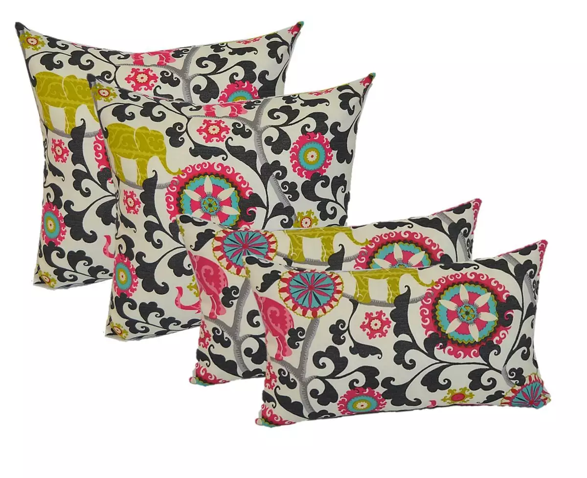 Set of 4 Outdoor Pink Boho Elephant Square Lumbar Throw Pillows