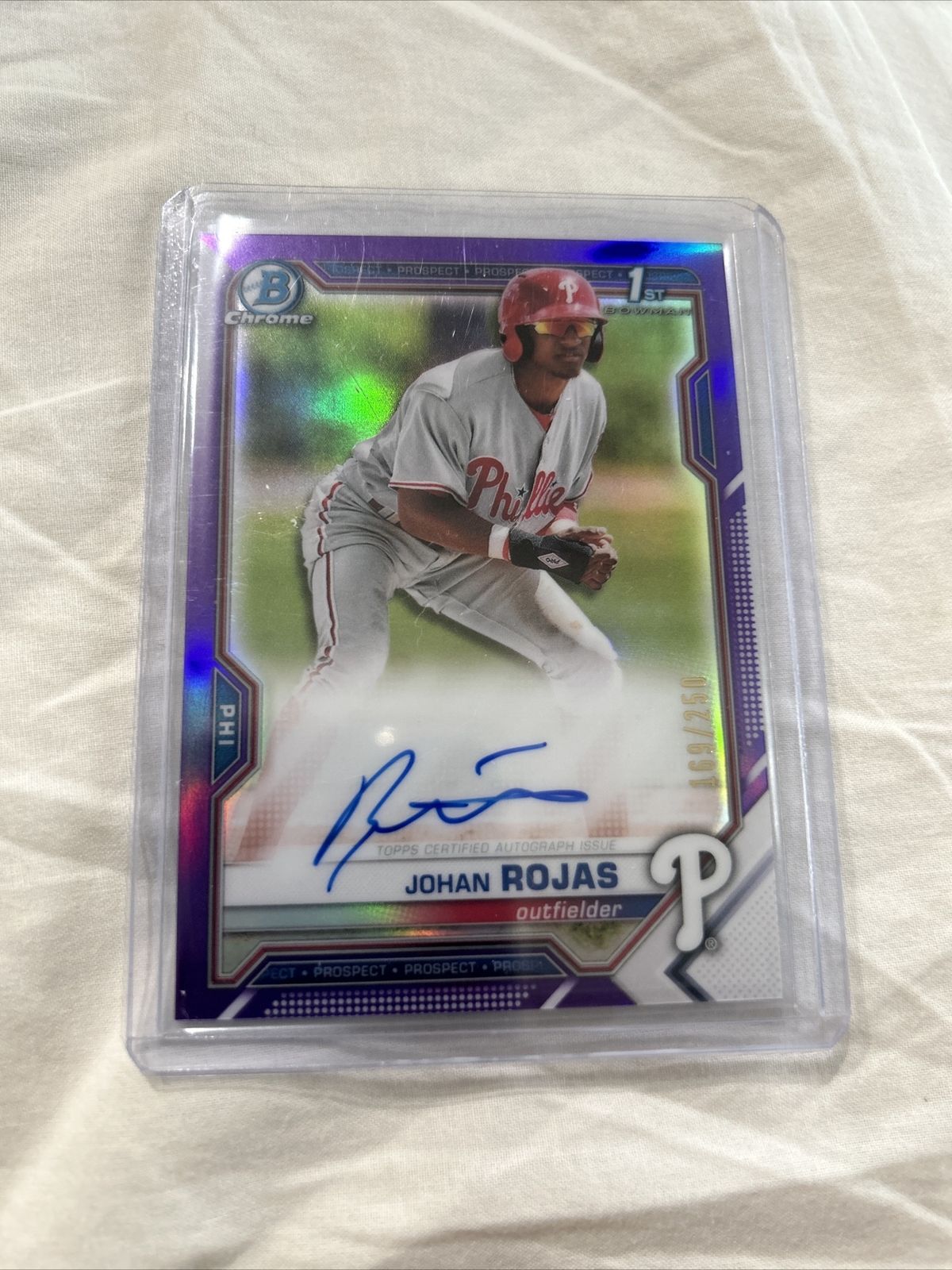 Johan Rojas 2021 Bowman Chrome 1st Auto /250 Purple Refractor RC Phillies
