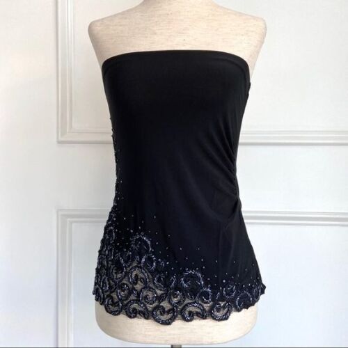 Amanda Adams Couture Black Strapless Hand Beaded Top Embroidered Lace Panel Sz M