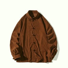 Vintage Style Men Corduroy Shirt Mandarin Collar Frog Button Kung Fu Casual Top