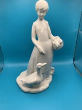 Vtg 1981 december Byron Molds white ceramic lady wh duck figurine