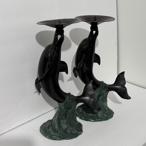 Vintage MCM Verti Gras Brass Cast Iron Dolphin Candlestick Holders Pair 9x14” - Picture 12 of 16