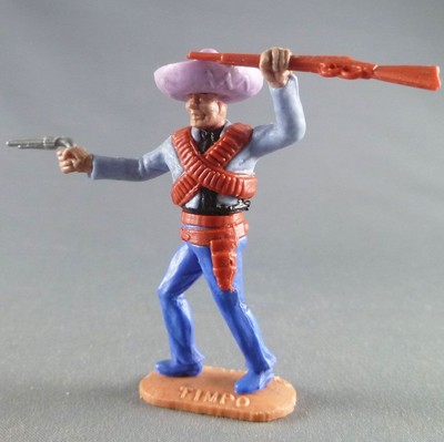 Timpo - Mexicains - Cavalier Ceinture Moulée Bras Droit Tendu Veste Bleue Winchester Pantalon Marron Sombrero Bleu Cheval Blanc A26445