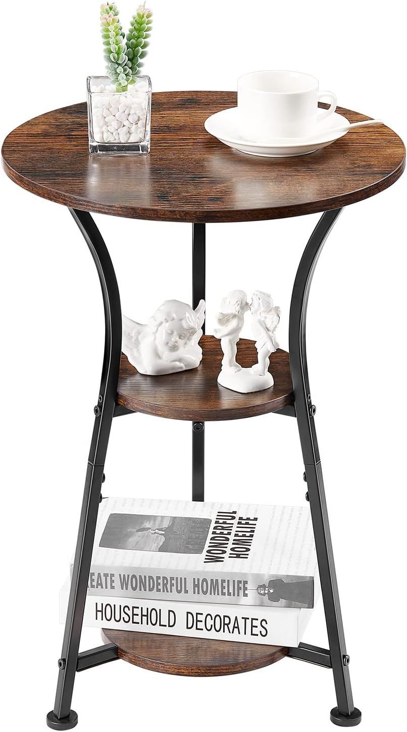 Rustic Brown 3-Tier Dulcii Small Round End Table for Narrow Spaces