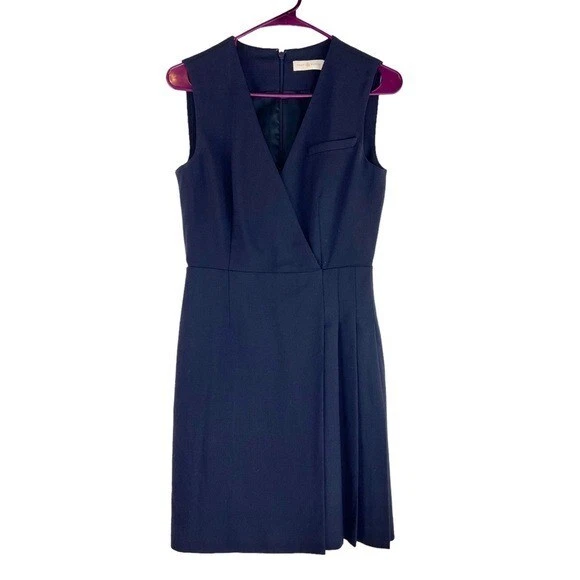 Abito completo plissettato blu navy taglia 0 Tory Burch scollo a V senza maniche professionale