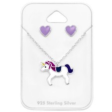 925 Sterling Silver Purple Unicorn Heart Stud Earrings Necklace Gift Set Kids