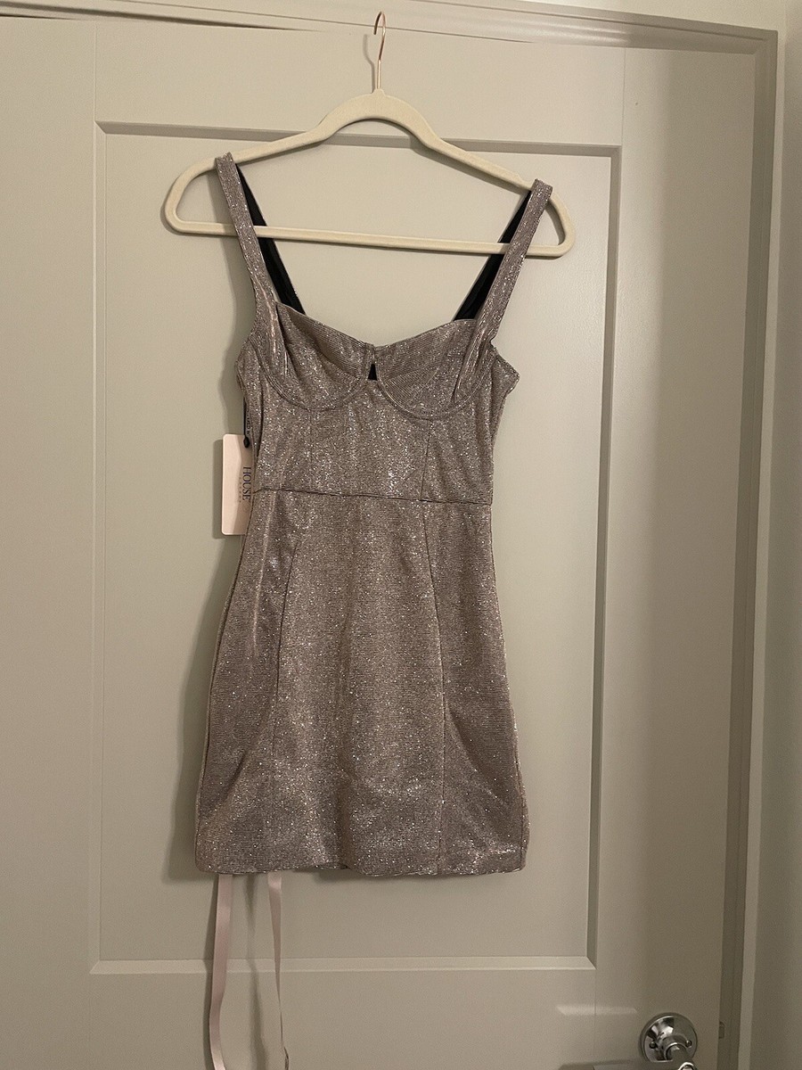 house of cb grey mini dress NWT Shimmer Size S reaction