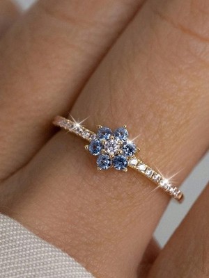 Dainty Blue Flower CZ Promise Ring Gold Tone Floral Engagement Band Women