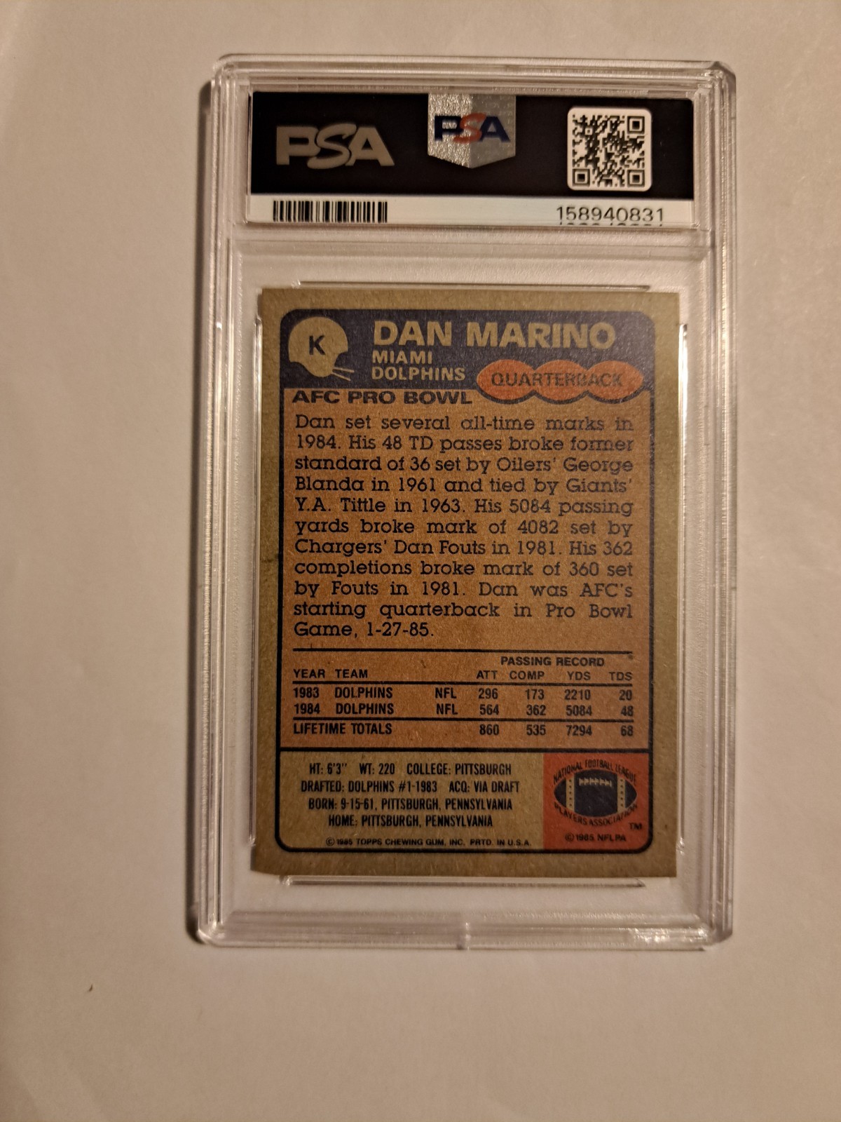 1985 Topps - Box Bottoms Dan Marino #K Miami Dolphins HOF view 2