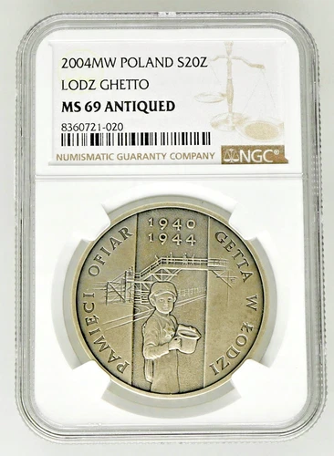 Poland, 20 Zlotych 2004, In Memory of Victims in Lodz Ghetto, Antiqued NGC MS 69
