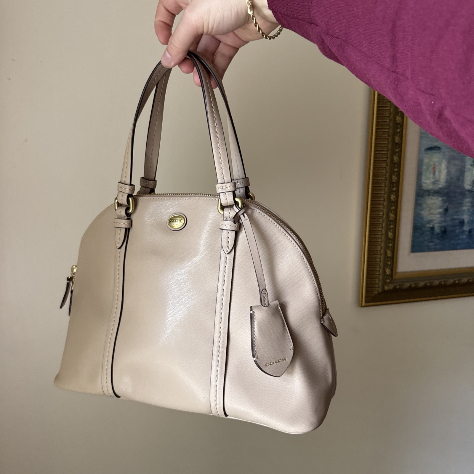 Coach Peyton Cora Domed Satchel Bag Beige Sand Tan Saffiano Leather # F25671 image 3
