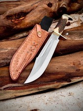 Handmade D2 Steel Bowie Hunting Knife: Stag Horn Handle  Leather Shea