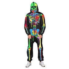 Men Women Halloween Costume Skeleton Print Long Sleeve Plush Hooded Pajamas C...