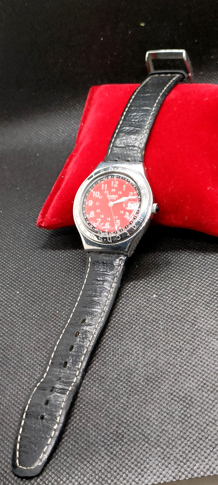 Leather Red SWATCH Chronograph Strap Mens Dial IRONY Watch-Working Vintage Black - vintagewatches.pk