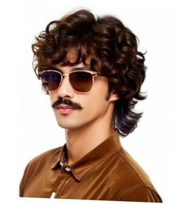 Short Feather Hair Wig for Men, 70s/80s Retro Costume Wig with Glasses, Ideal 