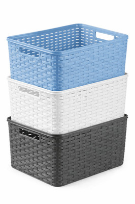 Kunststoff Rattan Aufbewahrungskörbe 3 x 18L groß stapelbar geflochten Boxen Behälter