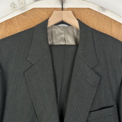 VTG Olive Suit Mens 46R Herringbone Pinstripe 2 Button Bespoke Italy 40x28 90s
