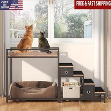 Pet Bunk Bed W/ Stairs Storage Elevated Dog Cat Bed Multi Level Platform Indoor