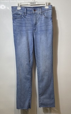 Express Womens Blue Denim Medium Wash Raw Hem Straight Leg Jeans Size 10R