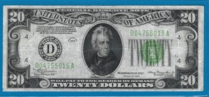 1934 $20 FRN D-Cleveland Note,VLYG-Lime Green Seal,Circ VF,Nice!